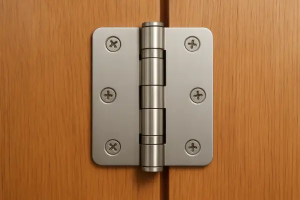 Metallene Türangel, an einer Holztür mittels Kreuzschrauben befestigt