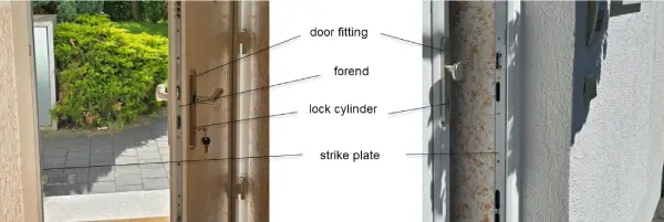Front door – exterior and interior view with fittings, faceplate, cylinder lock and strike plate