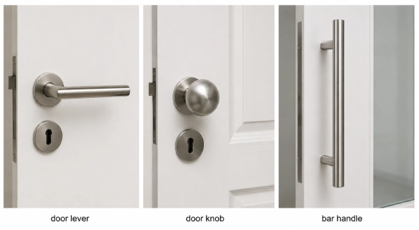 Different types of door handles: door handle, door knob and push handle