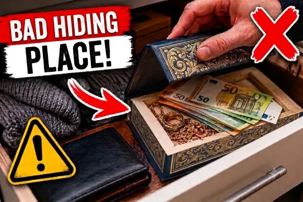 A burglar discovers cash and jewelry in a drawer.