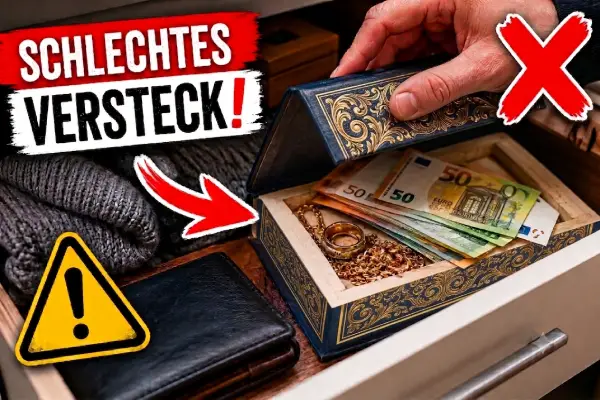Ein Einbrecher entdeckt Bargeld und Schmuck in einer Schublade.